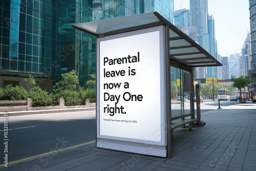 Bus stop advertising mockup with parental leave campaign poster in modern city