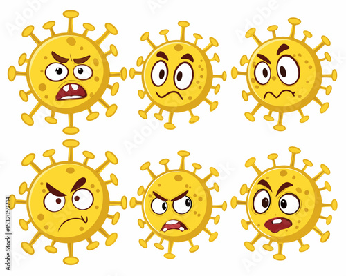 Expressive coronavirus emoji icons in vector format with angry and scary faces, isolated on white background for versatile applications.