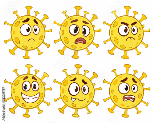Isolated vector pack of COVID virus emojis with dramatic and scary facial features, suitable for digital media and educational content.