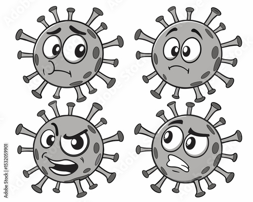 Cartoon coronavirus emojis with bold facial expressions, including scary and angry, designed as isolated vector icons on white background.