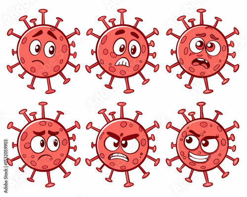 Isolated vector collection of coronavirus emoticons showing angry, scary, and worried faces, perfect for health awareness designs.