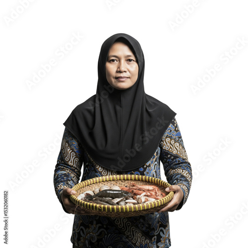 Portrait of a Woman in a Hijab Holding a Basket of Fresh Seafood