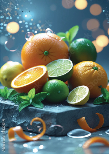 Vibrant Citrus Fruits on a Dark Stone Surface
A close-up still life of various citrus fruits, including oranges, limes, and lemons, displayed on a dark gray stone surface.