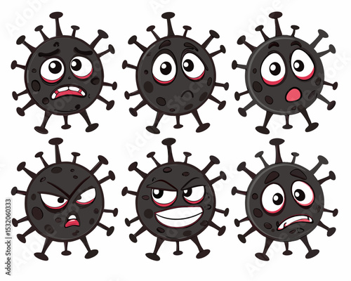 Vector set of coronavirus emojis with expressive faces, including angry and scary looks, isolated on white for medical and digital use.