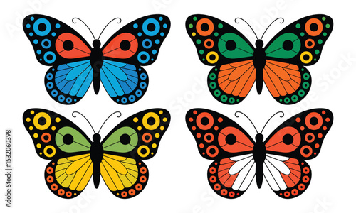 Set of colorful cartoon butterflies with symmetrical dotted wings on white background
