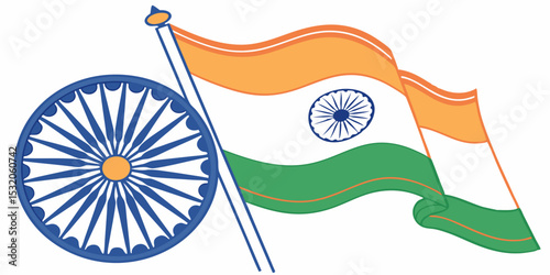 Indian flag and map with patriotic symbols and travel design elements vector illustration Independence day