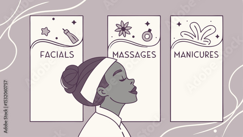Illustration of a woman in front of spa services signs for facials massages and manicures in light purple