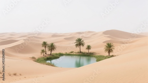 Desert Oasis with Palm Trees and Distant Mountains