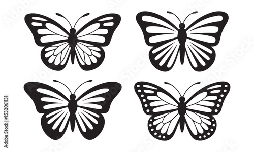 Set of butterfly vector illustrations in black and color versions with symmetrical wing designs isolated on white background
