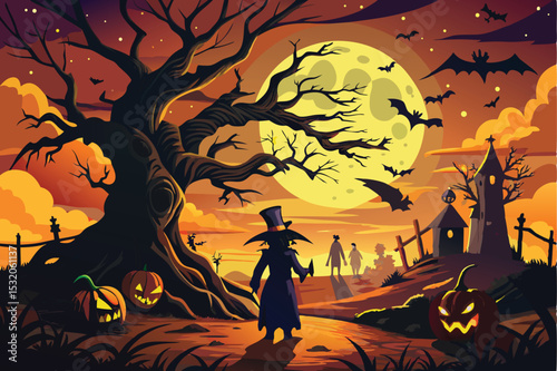 Spooky Halloween night with pumpkins, bats, and a cartoon moon, perfect for an autumn holiday celebration