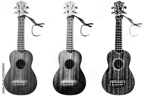  Ukulele halftone style illustration with a transparent background. Retro, graphic print aesthetic. Ideal for poster and collage design element.
