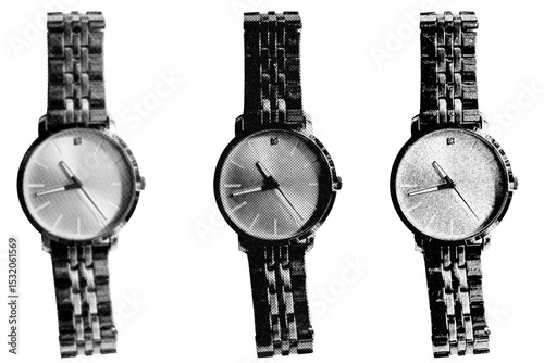  Wristwatch halftone style illustration with a transparent background. Retro, graphic print aesthetic. Ideal for poster and collage design element.