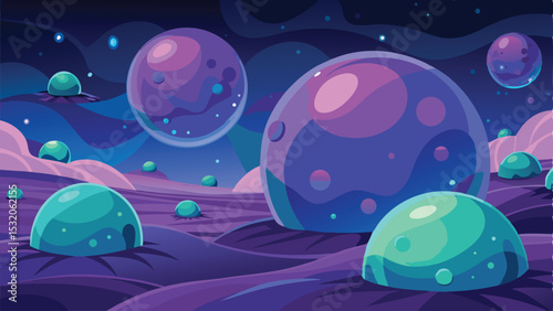 Fantasy alien landscape illustration with planets and unique extraterrestrial terrain