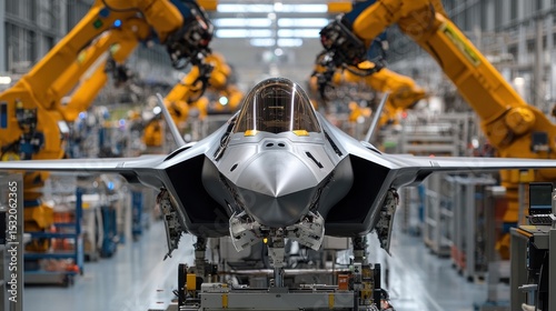 Modern jet fighter in a high-tech factory.  Robots are assembling the plane