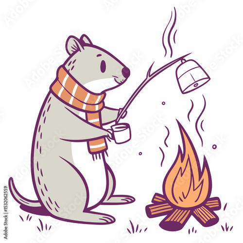 Vector illustration of a Grumpy Quokka with with a scarf, styled in a Camping trip theme using Campfire Glow colors