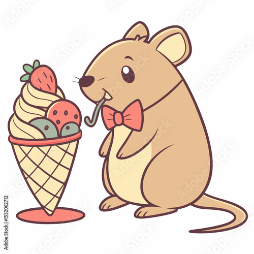 Charming SVG of a Mischievous Quokka featuring wearing a bowtie, styled in a Ice cream party theme with Scoops & Swirls hues