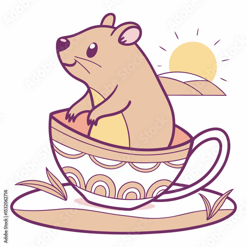Sundown Glow themed SVG: Relaxed Quokka with sitting in a teacup ride in a Desert sunset environment