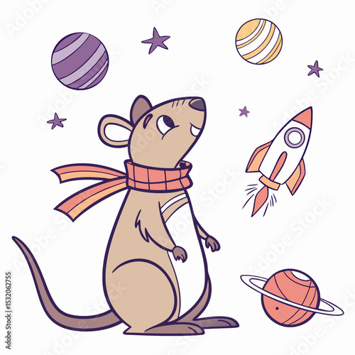 Charming SVG of a Amused Quokka featuring with a scarf, styled in a Space explorer theme with Cosmic Pastels hues