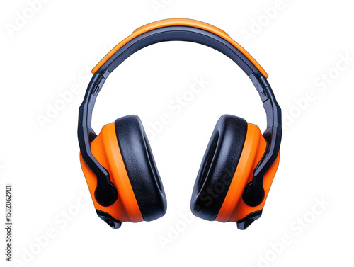 A pair of black and orange over-ear hearing protectors are shown against a black background.  The image is a studio shot with a focus on the earmuffs
