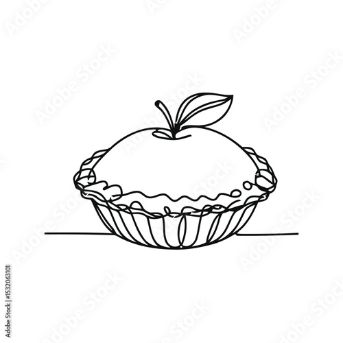 Simple line art illustration of a freshly baked pie with a crimped edge and a leaf detail on top, perfect for bakery designs and branding.