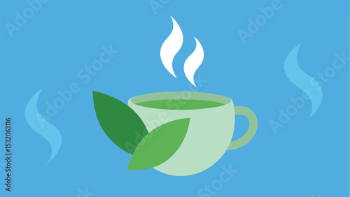Freshly brewed green tea cup with leaves and steam in minimalist flat design