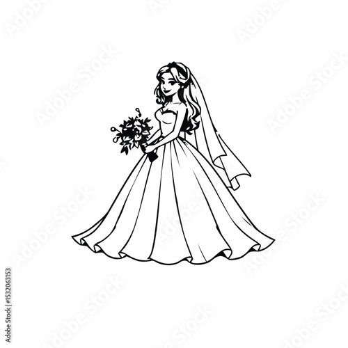 Elegant bride in flowing wedding dress holding a floral bouquet, perfect for wedding invitations, designs, and decorative artwork.