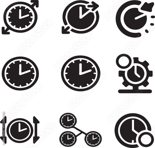Collection of modern black and white clock icons illustrating time management and punctuality concepts