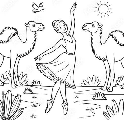 Adorable ballerina dancing with camels in the desert sketch featuring a flying bird and the sun