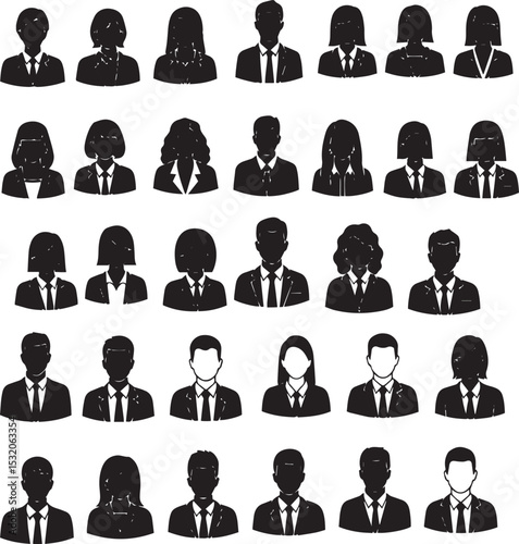 Diverse business professionals silhouettes representing teamwork and corporate concepts on a white background
