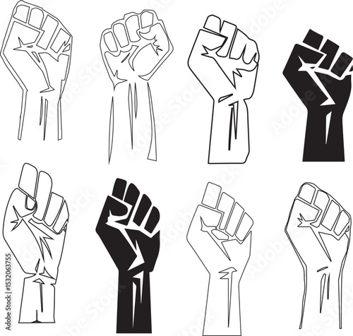 Stylized vector illustrations of raised fists representing unity solidarity activism and powerful protest movements