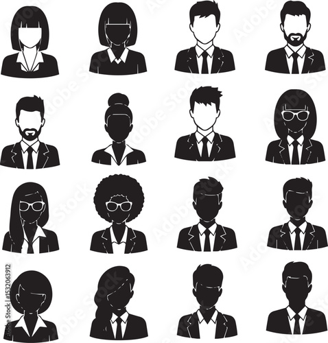 Silhouetted icons of diverse business professionals representing team members and corporate individuals