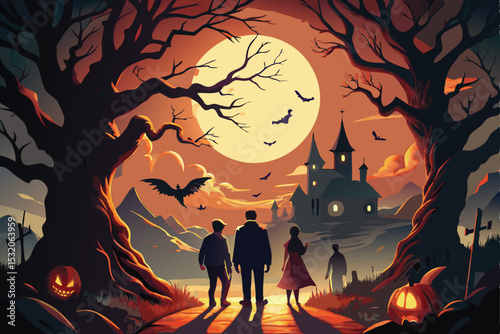 Orange spooky Halloween illustration of a girl's silhouette in a dark autumn forest at sunset with bats and a black sky