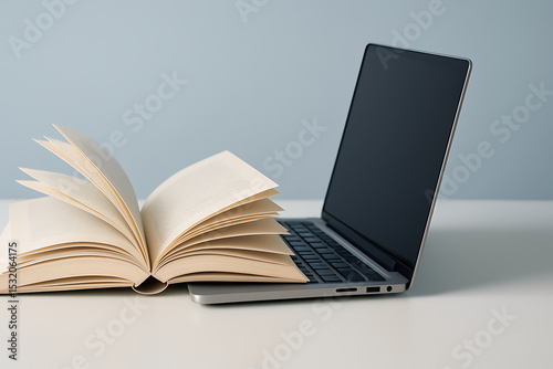 Laptop with a stack of open and closed books on a study table for education and reading