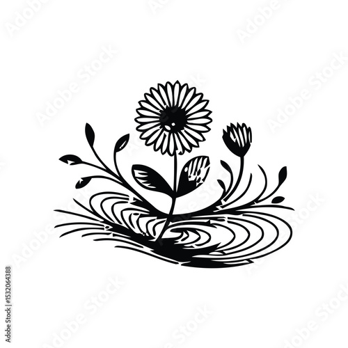 Elegant floral vector illustration featuring a blooming flower with leaves and a bud, perfect for decorative and botanical-themed designs.