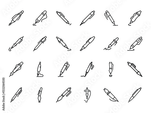 Collection of Pen Silhouettes in Minimal Line Art Style on White Background – Writing Tools Icons Including Ballpoint, Fountain, and Gel Pens for Office, School, and Design Use

