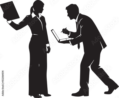 Silhouette of businesswoman and businessman discussing data or project on laptop and clipboard