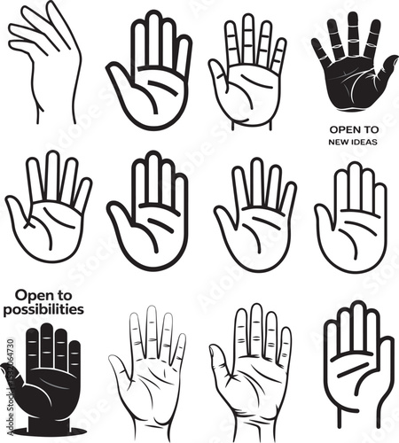 Set of various hand gestures representing openness and possibility using line art illustrations