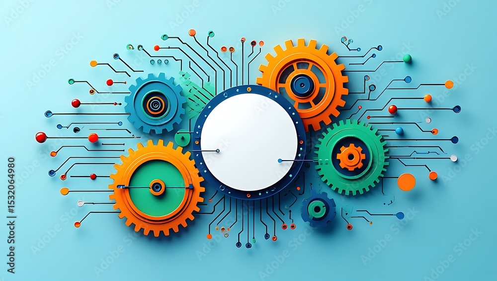Fototapeta premium Colorful Gears and Circuitry: Futuristic Technology Background