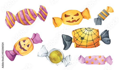 Watercolor Cute Halloween Wrapped Candy. Confectionery for Holiday Packaging and Party Decor. Trick or Treat Candy Illustration.