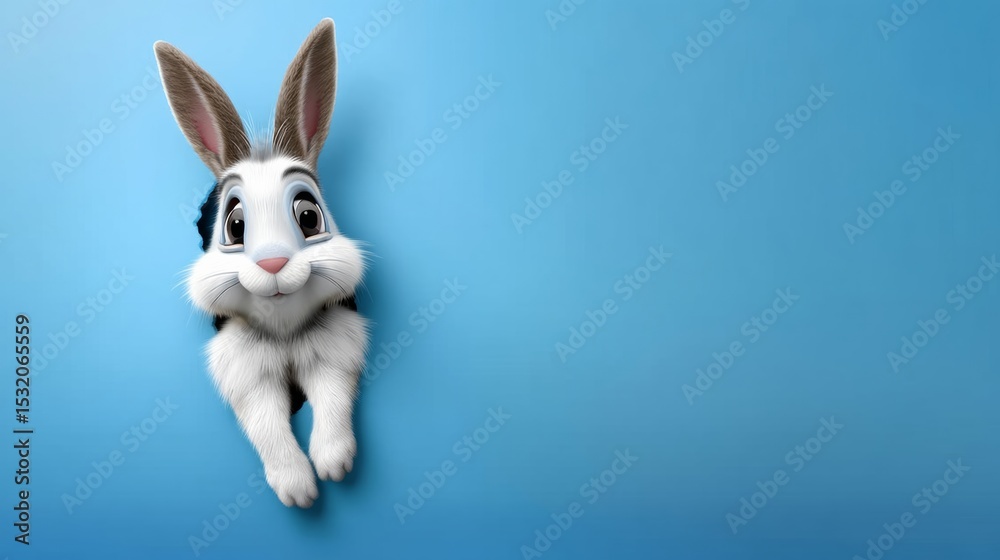 Obraz premium Cartoon rabbit is looking out of a hole in a blue background. The rabbit is smiling and he is happy