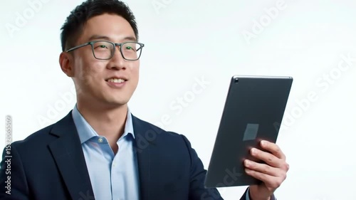 Smiling man in suit holds a tablet looking upwards bright background clean
