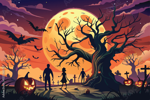 Orange spooky Halloween illustration of a girl's silhouette in a dark autumn forest at sunset with bats and a black sky