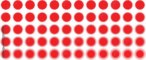 Set of red starburst. Price sticker, sale sticker, price tag, starburst, quality mark, retro stars, sale. Circle sticker set. Wavy edge promo red badges. Star burst shape tags for price. Red sale tag