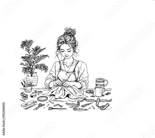 Detailed vector illustration of a focused tailor working at a crafting table with sewing tools, perfect for fashion, DIY, and creative projects.