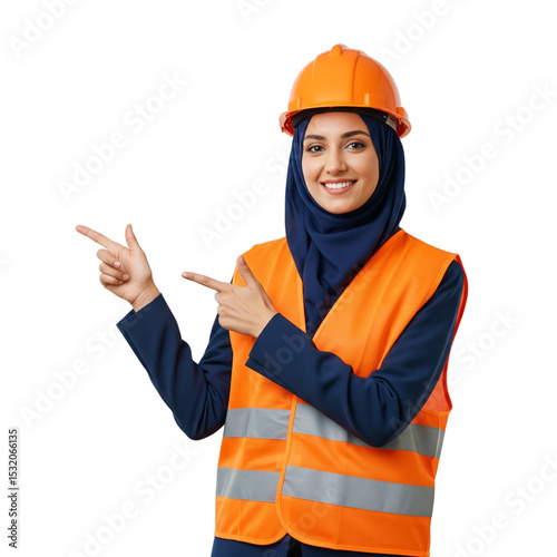 Smiling Female Engineer in Safety Gear Pointing