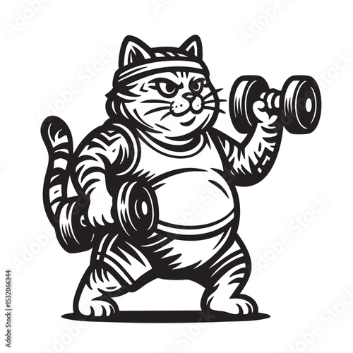 Vector of monochrome cartoon of a chubby cat in workout gear lifting dumbbells confidently. Bold lines, fitness theme, isolated on white background. Pet.