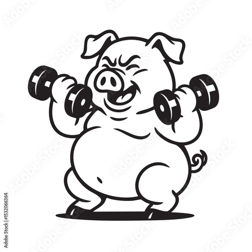 Funny monochrome illustration of a fat pig lifting dumbbells with a determined face. Cartoon fitness concept, bold lines, isolated on white background.
