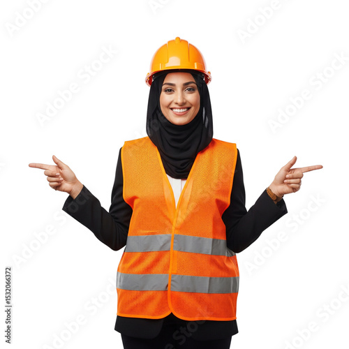 Confident Female Muslim Engineer in Safety Gear, Pointing