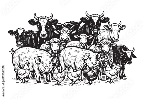 Vector of illustration monochrome of farm animals including cows, pigs, sheep, and chickens. Bold black lines, vintage style, isolated on white background.