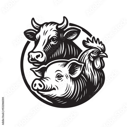 Monochrome logo style illustration of a cow, pig, and rooster in a circle. Bold black lines, classic farm animal emblem, isolated on white background.
